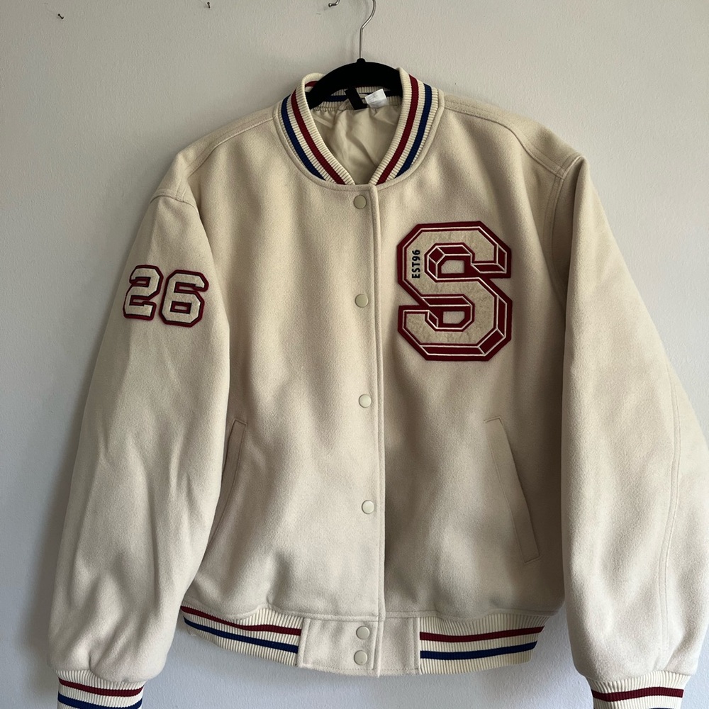 H&M Cream Varsity Jacket with Maroon Details